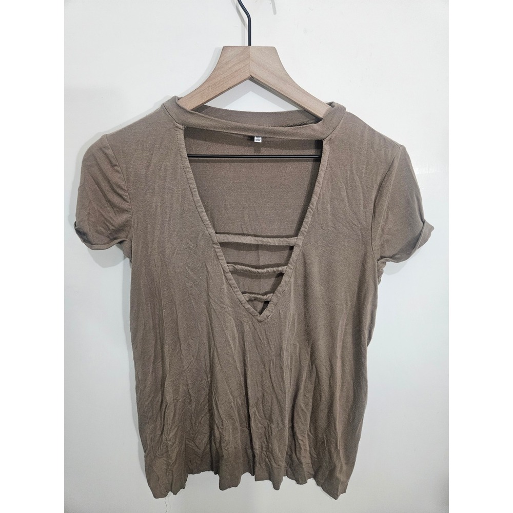Tobi Womens XS Olive Taupe Strappy Cage Deep V-Neck Choker Top Short Sleeve TTT